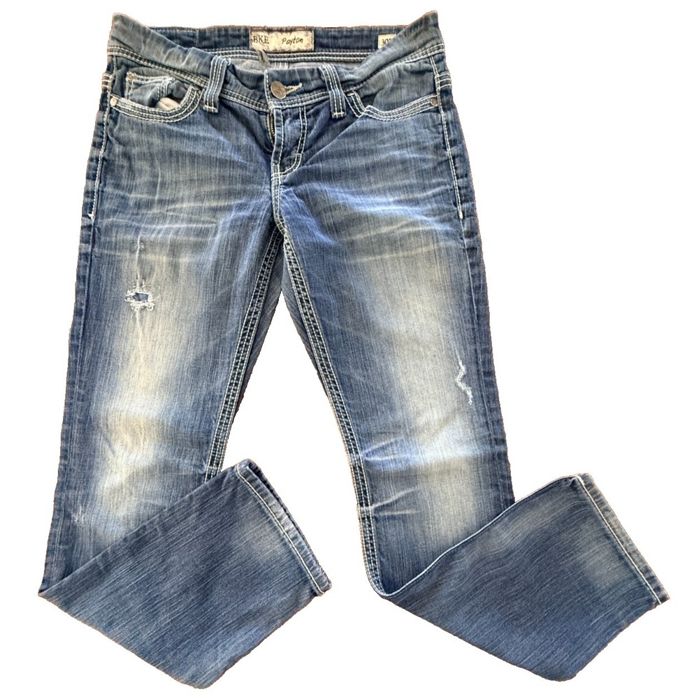 BKE Payton Jeans Womens 30x31.5 Blue Bootcut Distressed Thick Stitch Buckle